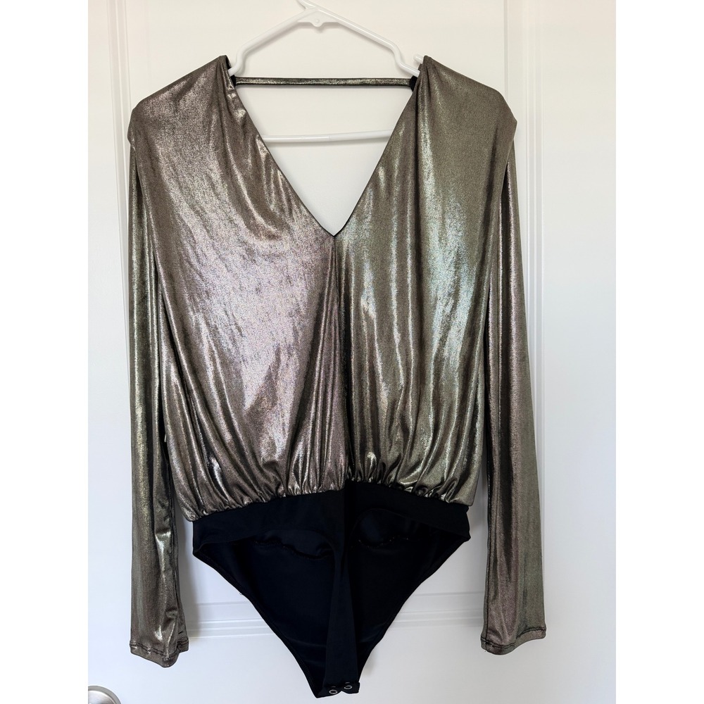 Express Metallic Silver Gold V-Neck Long Sleeve Bodysuit Medium NWT - Picture 2 of 5